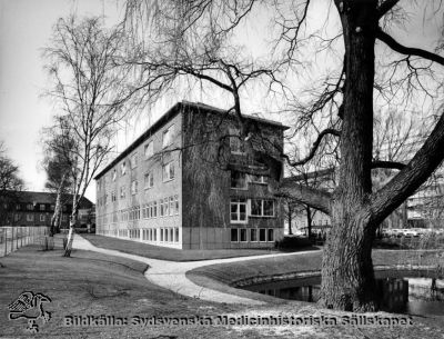 Reumatologiska kliniken efter om- och tillbyggnaden 1954-57. 
Vy från sydost. Medicinska kliniken i bakgrunden. Lasarettet i Lund. Foto 1967 eller 1968. Originalfoto. Monterat
Nyckelord: Kapsel 18;Lund;Lasarett;Norra;Område