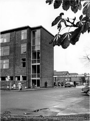 Radiologiska kliniken, uppförd 1940, påbyggd med en våning 1950 / tillbyggd 1963-65
Foto taget innan betongtaket över gatan vid entrén togs bort. Bilarnas årsmodeller talar för 1960-talet. Högertrafik infördes 1967-09-03, men vänstrtrafik tycks ännu gälla. Originalfoto. Monterat
Nyckelord: Kapsel 18;Lund;Lasarett;Onkologi;Norra;Området