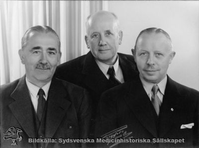 Styrelsemedlemmar i fackföreningen SSF = Statens Sjukhuspersonals Förbund
Viktor Svensson, Hans Truedsson, Olof Persson 1934? Originalfoto. Monterat - SSF (Statens Sjukhuspersonals Förbund) var mentalskötarnas fackförbund.
Nyckelord: Kapsel 19;St Lars;Lund;Fackförening;Styrelse