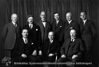 Styrelsemöte i Jönköping 1934
Påskrift: "Styrelsemöte Jönköping 1934". Troligast styrelsen för mentalskötarnas  fackförening, SSF (Statens Sjukhuspersonals Förbund). Sittande, längst till vänster, kanske Viktor Svensson från Lund. Möjligen därefter Hans Truedsson, Olof Persson, sittande. Jfr bild SMHS2302. Foto Atelje Rylander. Originalfoto. Monterat
Nyckelord: Kapsel 19;St Lars;Lund;Fackförening;Styrelse;Personal