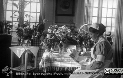 Syster Emma Persson på sin 50-årsdag
Kapsel 21 med bilder från S:t Lars. Påskrift: "50-årsdag, syster Emma Persson". Vykort, oanvänt. Originalfoto, gissningsvis på 1920-talet. Ej monterat
Nyckelord: Kapsel 21;St Lars;Lund;Personal;Ekonomi