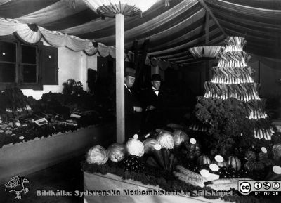 Rimligen utställning av trädgårdsprodukter. Kanske  tidigt 1900-tal
Kapsel 22 med bilder från St Lars i Lund. Omärkt omonterat foto. Rimligen utställning av trädgårdsprodukter. Herrarnas klädsel (skjortkragarna) antyder att bilden tagits under tidigt 1900-tal.
Nyckelord: Kapsel 22;St Lars;Lund;Park;Trädgårdsprodukter;Trädgårdsmästeri