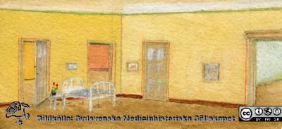 Teckning gjord av patient på "nerven", en särskild avdelning på St Lars
Kapsel 22 med bilder från St Lars i Lund. Påskrift "Skiss av 14. nerv". Akvarellerad naivistisk teckning av en del av ett vårdrum. Ej monterad.
Nyckelord: Kapsel 22;St Lars;Lund;Interiör
