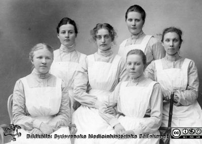 Sjuksköterskeelever 1903 vid lasarettet i Lund
Kapsel 29. Från vä: Petrea Lundahl, Laura Pedersen, Eva Werner, Ida Gyllenbåge, framför henne: Berta Nilsson, Emma Andersson. Originalfoto Lina Jonns Eftr. Monterat
Nyckelord: Kapsel 29;Utbildning;Sköterska;Lund;Personal