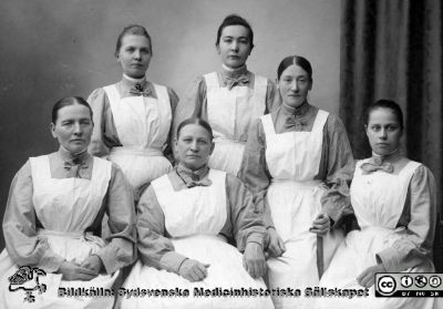 Undersköterskor vid Lunds lasarett 1900
Kapsel 29. Påskrift: " Sittande fr.v. Anna Nilsson, Cecilia, Berta Svensson, Betty Persson. Stående fr.v. Hulda på CD". Originalfoto Lina Jonn Lund. Monterat
Nyckelord: Kapsel 29;Utbildning;Sköterska;Lund;Personal;Undersköterska