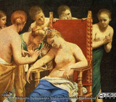 Kleopatras död
Kapsel 30. G. Cagnacci (1601-1681). Kleopatras död.  (Wien, Kunsthistorische Museum). (vykort). Reprotryck, rastrerat. Ej monterat
Nyckelord: Kapsel 30;Målning;Reproduktion;Död;Suicid;Självmord