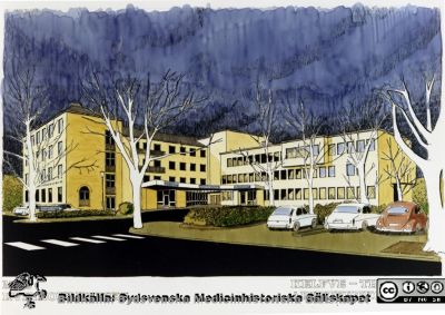 Arkitektritning till kvinnokliniken i Malmö. Kelfve-Thornberg Arkitekt AB. 
Negativalbum MAS II 1993, från fotograf Björn Henrikssons samling. Negativ.
Kvinnokliniken byggdes 1944 då professor Sune Genell var chef, och ansåg vara en av de modernaste i Europa. Den moderniserades under 1960-70- talet, ritat av ark. Kelfve. Bilden är ett reprofoto 1993 av Kelfves ritning inför en planerad renovering,  som dock inte kom till stånd förrän 2007.
Nyckelord: Album MAS II 1993;Exteriör;KK;Kvinnoklinik;Gynekologi