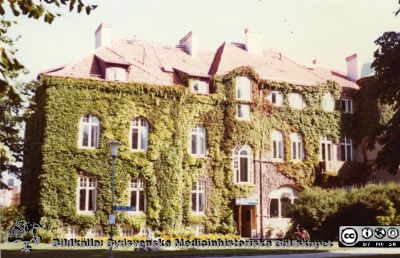 Malmö allmänna sjukhus. Entréhusetes baksida, 1970-talet. 
Malmö allmänna sjukhus. Baksidan på 1970-talet. Originalfoto.Från narkospersonalens album till sin chef Olle Lundskog i början på 1980-talet i samband med att han pensionerades, och ställt till Sydsvenska Medicinhistoriska Sällskapets förfogande av dennes dotter Gunilla.
Nyckelord: MAS;Malmö;UMAS