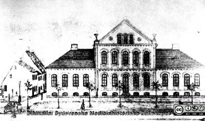 Arkitektritning till Malmö stads sjukhus 1847-1896, "Falckens sjukhus".
Reprofoto av tryck. Detta sjukhus öppnades 1857 efter en förödande koleraepidemi några år tidigare, och hade först 40 sängplatser, senare 65. Det låg på Slottsgatan 22. 
Från narkospersonalens album till sin chef Olle Lundskog i början på 1980-talet i samband med att han pensionerades, och ställt till Sydsvenska Medicinhistoriska Sällskapets förfogande av dennes dotter Gunilla.
Nyckelord: Malmö;Sjukhus;Falck;August;1800-talet