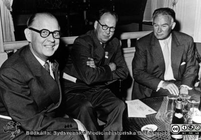 Einar Ljunggren och Hans Ekman i samtal med Carl-Erich Alken
Bilder för boken Urologi i Sverige, 1940-1990 av Gustav Giertz. Sid. 166.	 Einar Ljunggren och Hans Ekman i samtal med Carl-Erich Alken under kongress i Hamburg 1955. Reprofoto
Nyckelord: Urologi;Kongress;Konferens;Möte