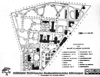 Malmö Allmänna Sjukhus i början på 1900-talet. Situationsplan över Malmö allmänna sjukhus
Album 1988B i lasarettsfotograf Björn Henrikssons samling. Gamla MAS, interiörer och byggnader.  1900-talets första halva. Från 35 mm repronegativ
Nyckelord: UMAS;Malmö_;MAS;Allmänna;Sjukhus;Arkitektritning;Planritning