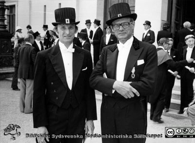 Niels Lassen och David Ingvar,. Doktorspromotion i Lund, troligen 1978
Niels Lassen och David Ingvar vid en doktorspromotion i Lund. Rimligen är det Niels Lassen som 1978 har promoverats till hedersdoktor. Bildkälla Håkan Westling-arkivet på UB i Lund.
Nyckelord: Promotion;Unversitetet i Lund;Neurofysiologer;Blodflödesfysiologer