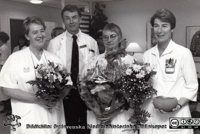 Invigning av nyskapade/ombyggda mottagningslokaler för den gemensamma medicinkliniken 1995
avdelningsföreståndaren Anne-Marie Lorentzon, Jan Westin, avdelningsföreståndaren Kerstin Möller och  avdelningsföreståndaren Inger Eskilsson. Bildkälla Jan Westin.
Nyckelord: Lasarettet;Lund;Universitetssjukhuset;USiL;Intern;Medicinska;Kliniken