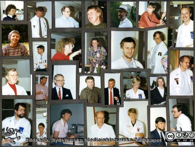 Collage av bilder på personal på akutkliniken, på 1990-talet. 
Collage av bilder på personal på akutkliniken, gjort av Maria Quensel i slutet på 1990-talet. Numrering enligt bild 160816Num. 1. Ingrid Andersson ssk; 2. Thomas Thulin doc öl; 3. Sven Linderholm, allt i allo; 
4. ? adm; 5. Anders Fridh med dr öl; 6.Kerstin Persson, adm; 7. Nils Mauritzon hematolog nu distr läkare; 8. Maria Quensel  intern medicinare öl; 9. Ekonom Torbjörn Ek? 10. Lotte Roth ssk;11. Inger Fredriksson klin chef sekreterare; 12. Stig Lenhov hematolog öl; 13. Jan Apelquist diabetes fot specialist öl; 14. Ingemar Winquist hematog öl; 15. Carl Gustaf Olsson akutläkare öl med dr docent, 16. Jan Westin klinikchef öl doc; 17. Göran Ekelund MAVA chef böl; 18.Jan Westin klinikchef öl; 19.   Carl David Agardh bitr klin chef, diabetesläkare, doc/prof  öl; 20. Gunilla Simmingsköld ssk; 21.  Eva-Marie Erfurth endokrin öl, prof; 22.   Claes Lagerstedt dr med vet, böl, akutläkare; 23. Sonja Galvan ssk; 24. Bengt Sallerfors, hematolog öl; 25. Per Gunnar "PG" Nilsson hematolog öl; 26. Bodil Eckert diabetes läkare med dr öl; 27.   Jan Larsson internmedicinare öl; 28. Ole Torfvit diabetesläkare öl.
Nyckelord: Lasarettet;Lund;Universitetssjukhuset;USiL;Medicinska;Akutmedicinska;Kliniken;Personal