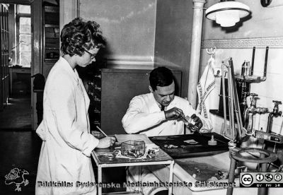 En laboratorieassistent och dr. Nils Jonsson på patologiska institutionen i Lund i början på 1960-talet
Ur CG Ahlströms album "Institutionen för Patologi, Paradisgatan, Dess chef och personal 1944 - 1962". "Snabbfixet skäres ut". Lab.-ass. och Nils Jonsson.
Nyckelord: Lasarettet;Lund;Universitetssjukhuset;USiL;Patologiska;Institutionen;Avdelningen