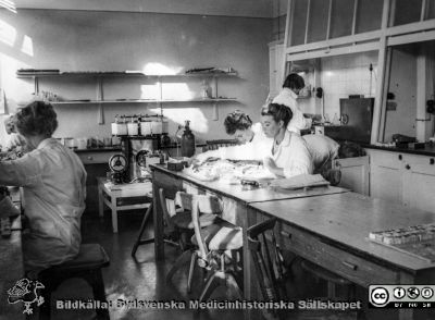 "Knutlaboratoriet" på Patologiska Institutionen i Lund i början på 1960-talet
Ur CG Ahlströms album "Institutionen för Patologi, Paradisgatan, Dess chef och personal 1944 - 1962." Bildtext: "Knutlaboratoriet med Skärbönor", dvs tumörlaboratoriet med preparatriser/laboratorieassistenter. I bakgrunden en Technicon, en maskin för automatisk preparatfärgning i en följd olika färgbad i rubg.
Nyckelord: Laboratorium;Lasarettet;Lund;Universitetssjukhuset;USiL;Patologiska;Institutionen;Avdelningen