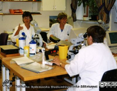 Avdelningen för klinisk kemi i Lund på 1980-talet. Manuell cellräkning.
Bilder på A1-ark f. klin-kem jubileum 1997.Basenheten. Manuell cellräkning.
Nyckelord: Laboratoium;Lasarettet;Lund;Klinisk;Kemi;Avdelningen;Universitetssjukhuset;USiL
