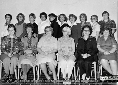 Foto i samband med Lasarettet / vårdcentralen / länssjukhemmet i Hörbys 100-årsjubileum 1979-10-12.  
En grupp nattpersonal.
Namnen på bildens personer finns i originalfilen på Sydsvenska Medicinhistoriska Sällskapet.
Bildkälla: ett fotoalbum på vårdcentralen i Hörby med bilder från lasarettet / vårdcentralen i Hörbys 100-årsjubileum 1979-10-12 (2). Fotograf okänd. Digitalisering: Sydsvenska Medicinhistoriska Sällskapet (Berndt Ehinger).
Nyckelord: Lasarett;Länssjukhem;Sjukhus;Sjukhem;Personal;Nattpersonal;Hörby