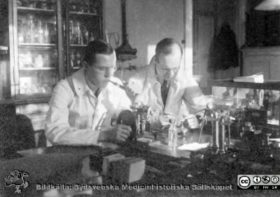 Bilder från histologiska avdelningen på anatomiska institutionen i Lund år 1923
Fotoalbum märkt 1923 på första bladet. Det innehåller bilder från dåvarande histologiska avdelningen på anatomiska institutionen i Lund på Biskopsgatan 7. Bildtext: Rikard Helmer. Erik Millbourn.  
De  förefaller sitta i i histologens kurslaboratorium för att tillverka histologiska snitt med hjälp av en handvevad mikrotom. Arbetsbordets övriga apparater är inte identifierade. 
Bildkälla Stiftelsen Locus Medicus Lundensis 250317. Fotograf okänd.
Nyckelord: Histologiska avdelningen;Anatomiska Institutionen;Locus Medicus Lundensis;Stiftelse;Medicinska fakulteten i Lund;Lunds universitet;Medicine studerande;Studenter;Kurslaboratorium