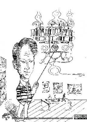 Berndt Ehinger, professor i oftalmologi. Karikatyr av Sven Österlin 1975.
Berndt Ehinger, professor i oftalmologi. Karikatyr av Sven Österlin 1975 då han lämnade ögonkliniken i Malmö för att tillträda samma tjänst i Lund. Han pekar på en schematisk bild av näthinnan med den av honom påvisade s.k. interplexiforma celltypen. På och ovan bordet ses symboler för hans verksamheter: öga i genomskärning, ett mikroskop, ett amerikansk universitet mm.
