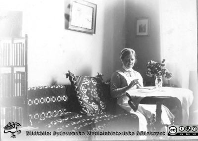 En ung SSSH-sjuksköterska handarbetar i privat bostadsrum. 
Bild 050-2 i husmor Anna Landelius (1880-1964) efterlämnade fotoalbum. Ingrid Frennhoff (f. 1944) hade övertagit detta album efter sin morfar som i sin tur tagit hand om det efter sin syster husmor Anna på Lasarettet i Lund. Detta album är en gåva från Ingrid Frennhoff till Sydsvenska Medicinhistoriska Sällskapet nyåret 2020.

Möjligen är det Anna Landelius? Hon fick utbildning på SSSH 1912 - 1914.
Nyckelord: Sjuksköterskor;SSSH;Privat;Bostad