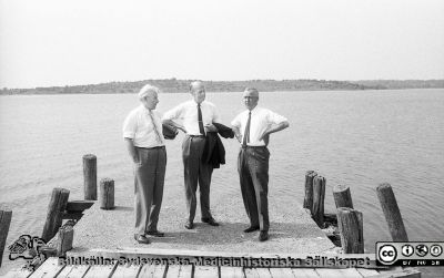 Styrelsemedlemmar i stiftelsen står på bryggan vid John och Augustas hem i St. Hammar.
Foto i John och Augusta Perssons stiftelses arkiv. Styrelsemedlemmar i stiftelsen står på bryggan vid John och Augustas hem i St. Hammar nära Torhamn i Blekinge skärgård. Från vänster professor Martin Lindgren, professor C. G. Ahlström och revisor Eric Sundmark. Identifieringen av Sundmark godtagen av Dick Killander 2022-03-14. Digitaliserat från omärkt negativ. Foto på 1960-talet, kanske av Kurt Lidén.
Nyckelord: Styrelse;Sammanträde;Skärgård;Donation;IBM;Medicinska fakulteten;Lunds universitet