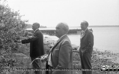 Styrelsemedlemmar i John och Augusta Perssons stiftelse på stranden vid John och Augustas hem.
Foto i John och Augusta Perssons stiftelses arkiv. Styrelsemedlemmar i stiftelsen står på stranden vid John och Augustas hem i St. Hammar nära Torhamn i Blekinge skärgård. Från vänster professor Martin Lindgren, professor C. G. Ahlström och laborator (senare professor) Kurt Lidén. Digitaliserat från omärkt negativ. Foto på 1960-talet, kanske med Kurt Lidéns kamera. Samma bild som BE-JAP220304-030.
Nyckelord: Styrelse;Sammanträde;Skärgård;John och Augusta Perssons stiftelse;Donation;Medicinska fakulteten;Lunds universitet