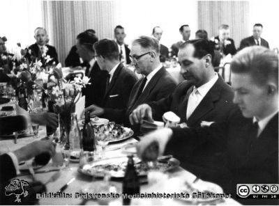 Troligast fest på Malmö Allmänna Sjukhus
Troligast fest på Malmö Allmänna Sjukhus med anledning av antingen invigningen av aulan 1954 eller 100-årsjubileet 1957. Ingen av gästerna är identifierad. 
Foto från samling funnen på vinden på KK i Lund hösten 2016 och tillvaratagen av sekreteraren Elisabet Gyllander där i samband med att hon gick i pension och överlämnat den till Sydsvenska Medicinhistoriska Sällskapet. 
Nyckelord: MAS;UMAS;Malmö;Fest;Jubileum;Invigning;Allmänna;Sjukhus