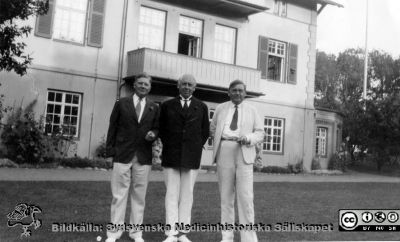 Bröderna Widmark
Bröderna Widmark. Från vänste Lorentz (Lawrence), senare i USA, Gustaf, senare i Helsingborg och Erik M. P. Foto 1934 enl. Bryn(?). De står utanför den Widmarkska "Villa Walltorp" i Helsingborg enligt ättlingen Wilhem Widmark 2020, förmedlat av dennes syssling Eva Marie Widmark i Lund. Villan blev först arkitektkontor ~1929 och senare sjukhem. Stämplad 648B på baksidan.
Nyckelord: Widmark;Bröder;Helsingborg;Walltrop