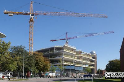 Forum Medicum under byggnad i norra änden på Sölvegatan.
Forum Medicum byggs vid gamla vattentornet i Sölvegatans norra ände. Foto 2021-08-22, Berndt Ehinger.
Nyckelord: Unversitetet i Lund;Lunds universitet;Medicinska fakulteten;Bygge;Lokaler;Utbildning;Forskning