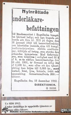 Annons 1912 om ledig underläkarbefattning i Ängelholm
Annons om ledig underläkarbefattning i Ängelholm.
Nyckelord: Engelholm;Ängelholm;Sjukhus;Annons;Underläkarbefattning