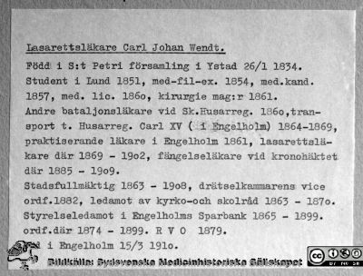 Text om Carl Johan Wendt 
Text om Carl Johan Wendt från en utställningsskärm arrangerad av Viveca Berglund och S. Lillie Börjesson
Nyckelord: Engelholm;Ängelholm;Sjukhus;Överläkare;Text