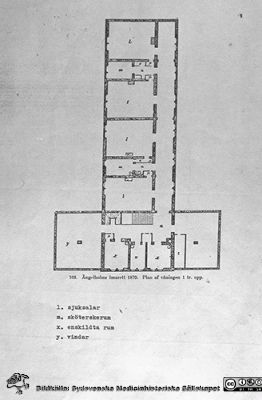 Ängelholms sjukhus. Planritning av första lasarettet.
Efter diabild i sjuksköterskan Lillie Börjessons samling från Ängelholms sjukhus. Planritning av första lasarettet.
