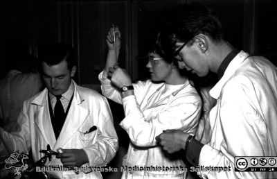 Kurslaboration på institutionen för medicinsk kemi i Lund ht 1957
Göran Ekelund, Maj Hultén och Jesper Swedenborg. Foto och bildkälla Sven Åke Hedström.
Nyckelord: Kurslaboration;Medicinsk kemi;Institution;Fakultet;Lund