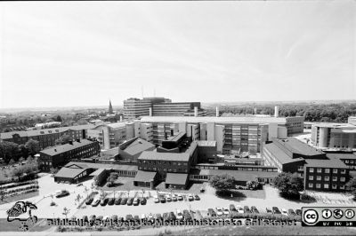 Universitetssjukhuset i Lund och Biomedicinskt centrum (BMC) från öster
Universitetssjukhuset i Lund och Biomedicinskt centrum (BMC) från öster. Foto troligen från toppen av vattentornet på Sölvegatan (senare astronomisk institution). BMC hus D är ännu inte byggt och sjukhusets centralblock har ännu inte fått sin helikopterplatta längst upp. Den kom 2004. Laboratorierna i BMC hus B var klara för inflyttning 2000, och bilden bör alltså vara tagen mellan åren 2000 och 2004. Bildkälla: Håkan Westling-arkivet på UB i Lund.
Nyckelord: Blocket C-blocket;BMC;Universitetssjukhuset;Lund;Lunds universitet;Medicinska fakulteten;Vattentornet