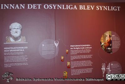 Lennart Nilsson-utställningen på Livets Museum i Lund. 
Hypoteser i gammal tid om den mänskliga reproduktionen. När mikroskopet uppfunnits blev de bättre.
Nyckelord: Utställning;Lennart Nilsson;Livets Museum;Lund;SMHS;Sydsvenska Medicinhistosriska Sällskapet;Kulturen;Forntida;Hypoteser.Mikroskopi;Uppfinning