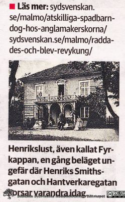 Tidningsklipp från Sydsvenska Dagbladet 2013 med artikel om villan Henrikslust
Tidningsklipp från Sydsvenska Dagbladet 2013 med artikel om villan Henrikslust. Artikeln handlade bl.a. om Malmös första barnsjukhus, men också om detta hus som inte hade någon diirekt koppling till barnsjukhuset. Bildkälla Torsten Landberg.
Nyckelord: Malm