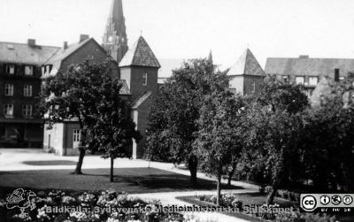 Utsikt på 1930-talet mot väster från andra våningen på radiologiska kliniken på lasarettet i Lund. 
På andra sidan parken ses  lasarettsköket, färdigt c:a 1929. I bildens mitt syns toppen på de båda tornen vid den västra valvbågen över Allhelgona Kyrkogata. I fonden stycker Allhelgonakyrkans torn upp. Från Syster Elinas fotoalbum (Elina Holmberg?).
Nyckelord: Röntgenologi;Lasarettet i Lund;Lasarettskök;1930-talet