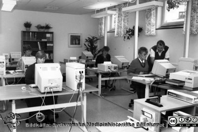 IT-utbildning för administratörer c:a 1990.
Elwy Ekmans bilder från projektet Vårdavdelning 2000. Foto 1988-1990. Elwy Ekman (näst längst till höger) under utbildning i datoranvändning. Foto: Roger Lundholm. Från originalfoto
Nyckelord: Lasarettet;Lund;Universitetssjukhuset;USiL;Dator;Utbildning;IT