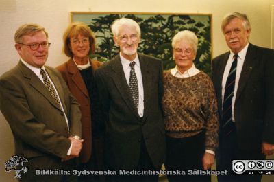 Nobelpristagarföreläsning 1997
Nobelpristagarföreläsning. Från vänster sjukhusdirektör Leif Granath, Rector Magnificus Boel Flodgren, Nobelpristagaren 1997 professor Jens Skou med hustru Ellen Margrethe, medicinska fakultetens dekanus, professor Per Belfrage. Foto från Ingegärd Lindqvist, september 2015.
Nyckelord: Lasarettet;Lund;USiL;Universitetssjukhuset;Nobelpristagare;Föreläsning