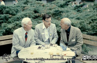 Kavvepaus på innergården vid aulan på Universitetssjukhuset i Lund
Omärkt diabild. Philip Sandblom, Stig Bengmark och NN (Lars Risholm??). Troligen på1990-talet, på innergården vid aulan. Kanske en Sandblomdag?
Nyckelord: Lasarettet;Lund;Universitetssjukhuset;USiL;Kirurgiska;Kliniken;Konferens;Sandblomdagen