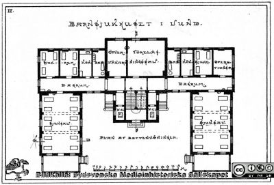 Barnsjukhuset i Lund från 1900
Plan av barnsjukhusets bottenvåning från 1900. Arkitekt: Salomon Sörensen. Efter Hj. Lindgren, "Barnsjukhuset i Lund" (1900). Publicerad i Flaum 1968, sid. 169. Tryck, monterat
Nyckelord: Kapsel 17;Lund;Lasarett;Södra;Området;Barnklinik