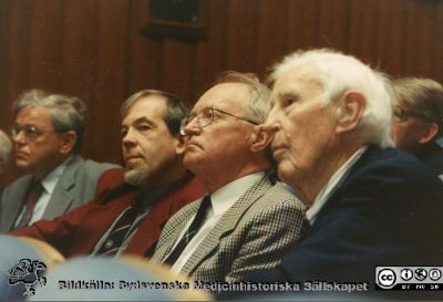 Stig Bengmark-symposium 940525
Åhörare, från vänster: Karl-Göran Tranberg, Lars Norgren, Sten Tibblin, Philip Sandblom. Foto.
Nyckelord: Lasarettet;Lund;Universitetssjukhuset;USiL;Kirurgiska;Kliniken;Symposium;Möte