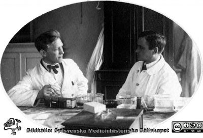 Fotoalbum tillägnat Professor Torsten Hellman Från Tacksamma Lärjungar 3.4.1924. 
Fotoalbum tillägnat Professor Torsten Hellman Från Tacksamma Lärjungar 3.4.1924. Bildtext: "Fridolf Jansson, Peter Rousthöi". De tycks syssla med att hantera preparat för mikroskopi.
Nyckelord: Anatomiska Institutionen;Histologiska avdelningen;Medicinska fakulteten i Lund;Locus Medicus Lundensis