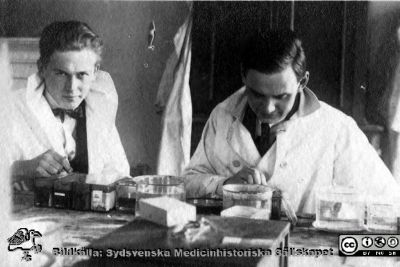 Fotoalbum tillägnat Professor Torsten Hellman Från Tacksamma Lärjungar 3.4.1924. 
Fotoalbum tillägnat Professor Torsten Hellman Från Tacksamma Lärjungar 3.4.1924. 
Bildtext: "Gustav Sandström, Hans Almroth". 
De sitter vid en laboratoriebänk med glaskärl och gör troligen histologiska preparat.
Nyckelord: Kurslaboration;Histologiska avdelningen;Anatomiska Institutionen;Medicinska fakulteten i Lund;Universitet;Locus Medicus Lundensis