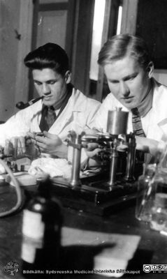 Foton från histologkursen i Lund 1929. 
Fotoalbum tillägnat Professor Torsten Hellman med tacksamhet och vördnad från histologkursen 1929. Bildtext "Björn Håkansson, Sjövall". 
Rimligen yngre lärare i kurslaboratoriet, kanske vid en mikrotom?.
Nyckelord: Anatomiska Institutionen;Histologiska avdelningen;Mikroskopering;Medicinska fakulteten i Lund;Locus Medicus Lundensis;Universitet