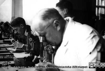Fotoalbum "Kursen i histologi H T 1932.
Fotoalbum "Kursen i histologi H T 1932". Bildtext "Chefen".  Professor Torsten Hellman demonstrerar i ett kursmikroskop på histologiska avdelningens mikroskoperingssal på anatomiska institutionen i Lund. 
Bildkälla stiftelsen Locus Medicus Lundensis och Sydsvenska Medicinhistoriska Sällskapet / SMHS. Fotograf okänd.
Nyckelord: Medicine studerande;Histologiska avdelningen;Anatomiska Institutionen;Medicinska fakulteten i Lund;Locus Medicus Lundensis;Universitetet i Lund