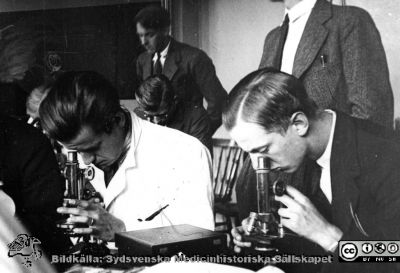 Fotoalbum "Kursen i histologi H T 1932.
Fotoalbum "Kursen i histologi H T 1932". Bildtext "Chefen. Blivande e o har redan börjat som...".  Troligen en blivande e o i aktion vid ett kursmikroskop på histologiska avdelningens mikroskoperingssal på anatomiska institutionen i Lund. 
Bildkälla stiftelsen Locus Medicus Lundensis och Sydsvenska Medicinhistoriska Sällskapet / SMHS. Fotograf okänd.
Nyckelord: Medicine studerande;Histologiska avdelningen;Anatomiska Institutionen;Medicinska fakulteten i Lund;Locus Medicus Lundensis;Universitetet i Lund