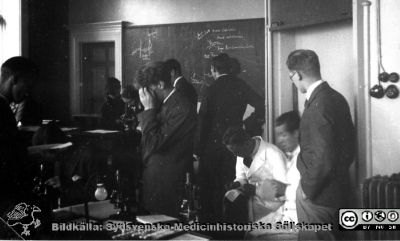 Fotoalbum "Kursen i histologi H T 1932.
Fotoalbum "Kursen i histologi H T 1932".  Bildtext saknas, rimligen är bilden en fortsättning på "Sällskapsliv". Texterna och bilderna på svarta tavlan handlar om blodkärl. Troligen medicine studerande vid  kursmikroskop på histologiska avdelningens mikroskoperingssal på anatomiska institutionen i Lund. 
Bildkälla stiftelsen Locus Medicus Lundensis och Sydsvenska Medicinhistoriska Sällskapet / SMHS. Fotograf okänd.
Nyckelord: Universitetet i Lund;Locus Medicus Lundensis;Anatomiska Institutionen;Histologiska avdelningen;Sydsvenska Medicinhistoriska Sällskapet;SMHS;Medicine studerande