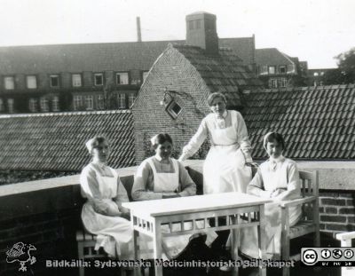 Bild ur fotoalbum SSSH Lund 1927
Album SSSH Lund 1927, skapat av SSSH-sköterskan "Ego", med bilder från sin utbildningstid och senare genom flera decennier. Bildtext "På Kir Ks altan 1929. Foto rimligen taget på dåvarande kirurgiska kliniken i kv. Paradis i Lund. I bakgrunden skymtar dåvarande kvinnokliniken i Lund. Troligen är det "Ego" längst till höger vid bordet.
Nyckelord: Lasarettet i Lund;Södra Sveriges Sjuksköterskehem;SSSH;Sydsvenska Medicinhistoriska Sällskapet;SMHS;Kirurgiska kliniken